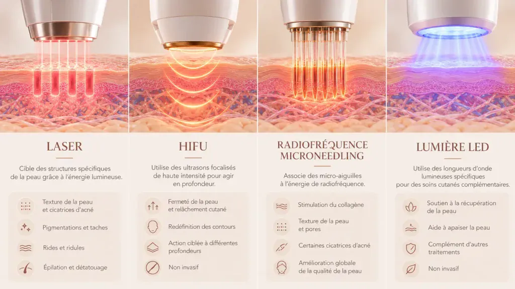 Comparaison illustrée des technologies laser, HIFU, microneedling par radiofréquence et LED