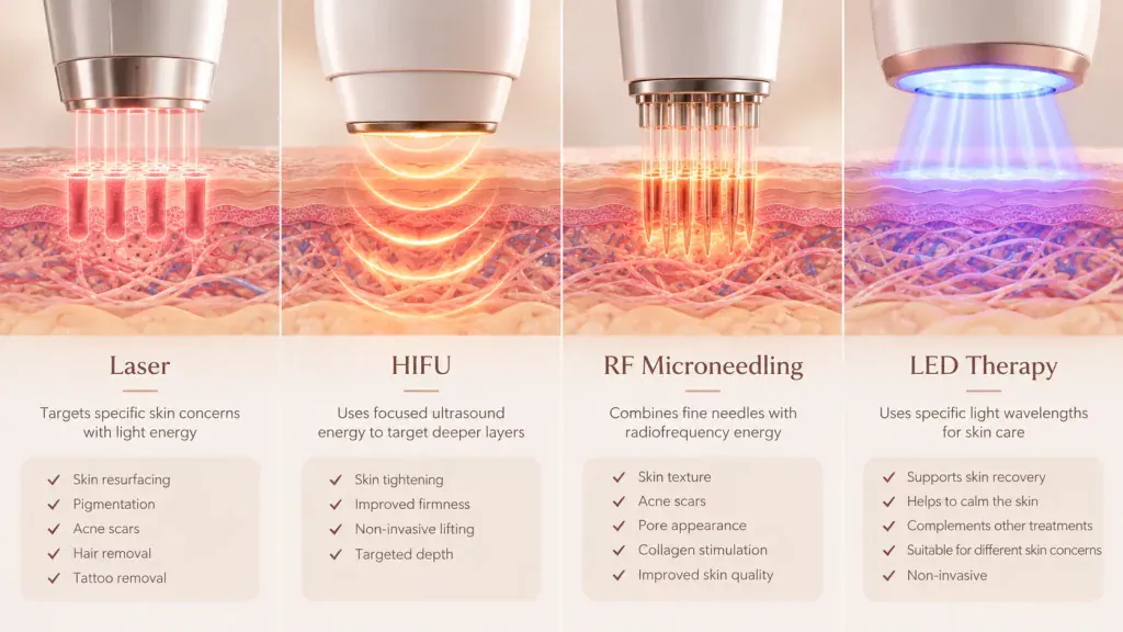 Illustrated comparison of laser, HIFU, RF microneedling and LED skin treatment technologies