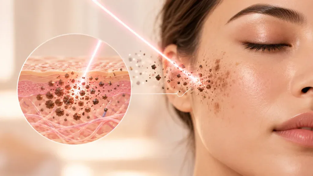 Illustration of Pico laser treatment targeting pigmentation in facial skin